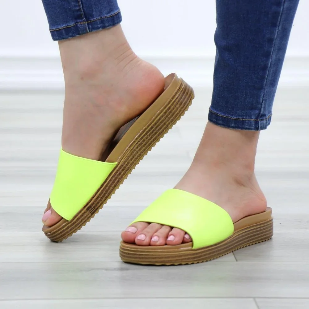 Neon Yellow Faux Leather Slip On Comfort Sandal